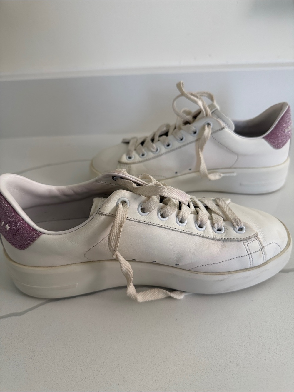 Golden Goose White Leather Sneakers with Pink Glitter Heel - Picture 3 of 6